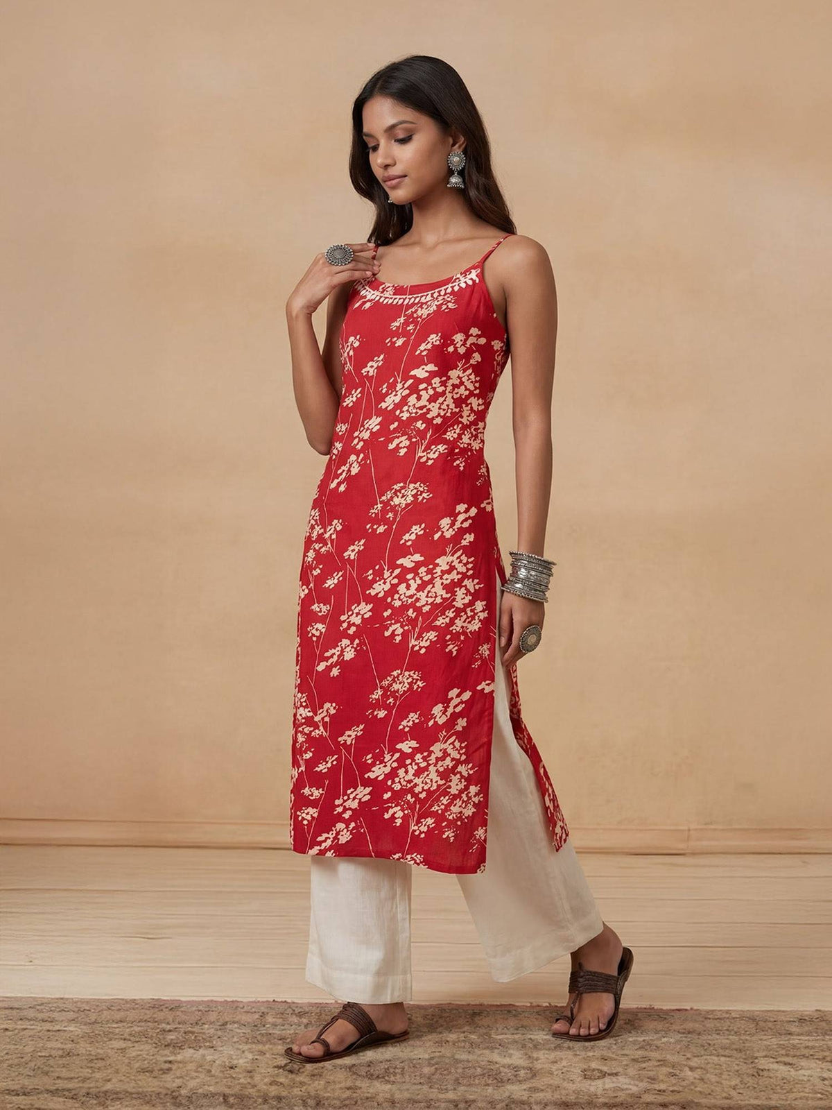 Red Mulmul Printed Chikankari Kurta | KDG - view 1