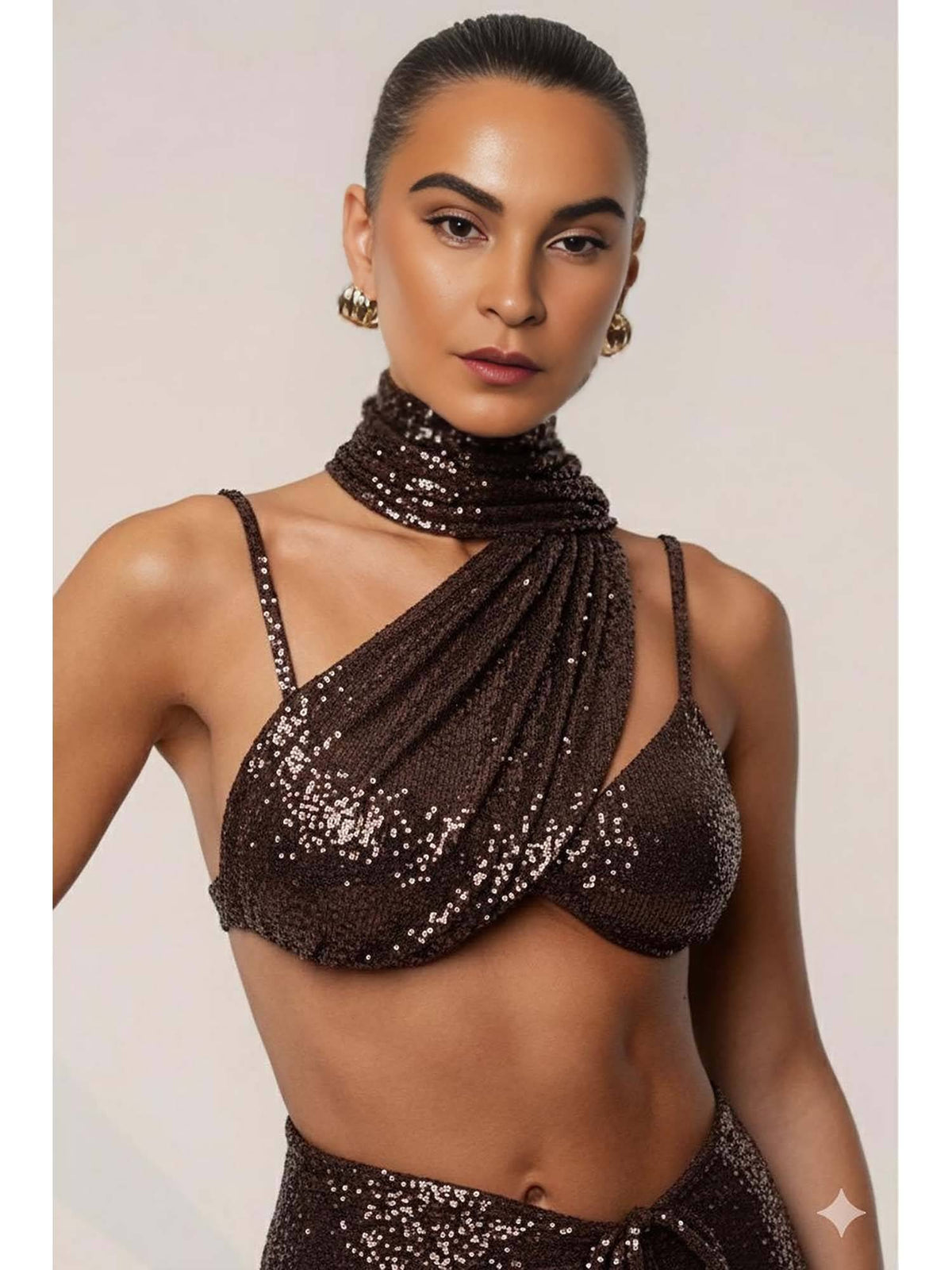 Choco Sequin Brown Drape Crop Top | CT61 - view 1
