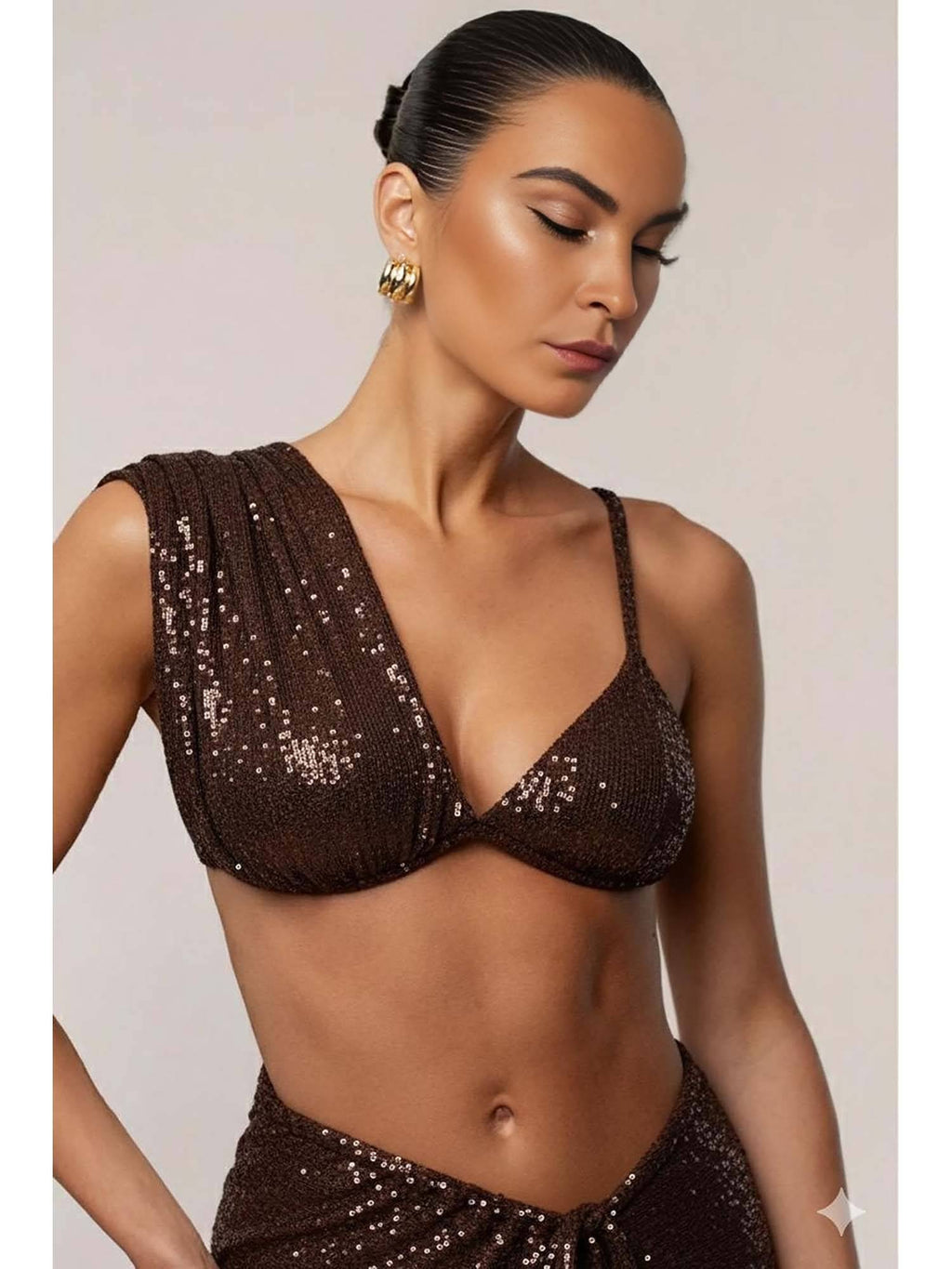 Choco Sequin Brown Drape Crop Top | CT61 - view 3