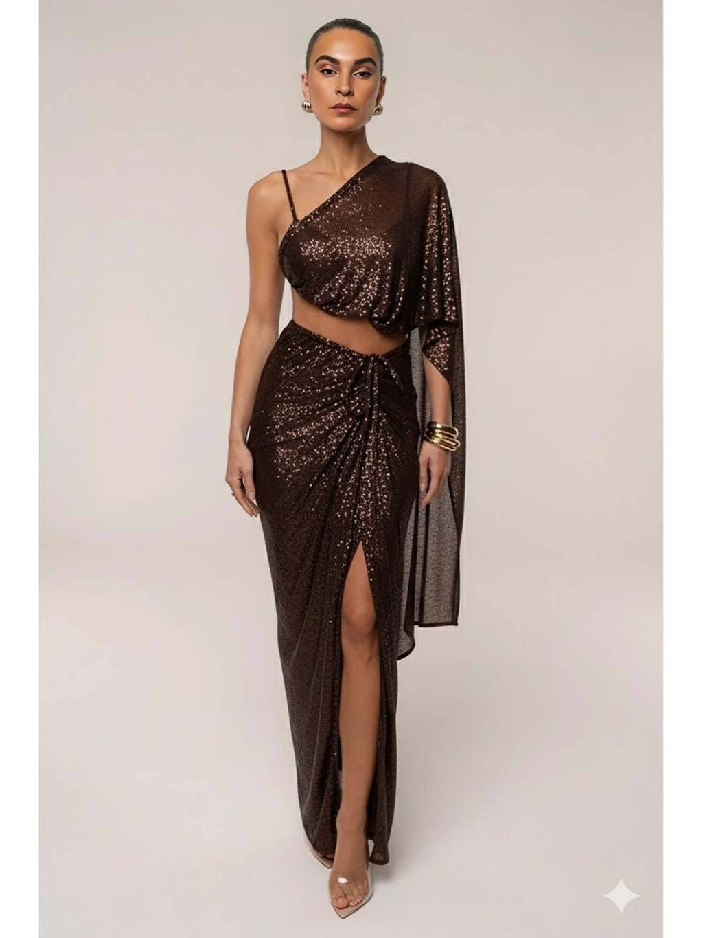 Choco Sequin Brown Drape Crop Top | CT61 - view 4