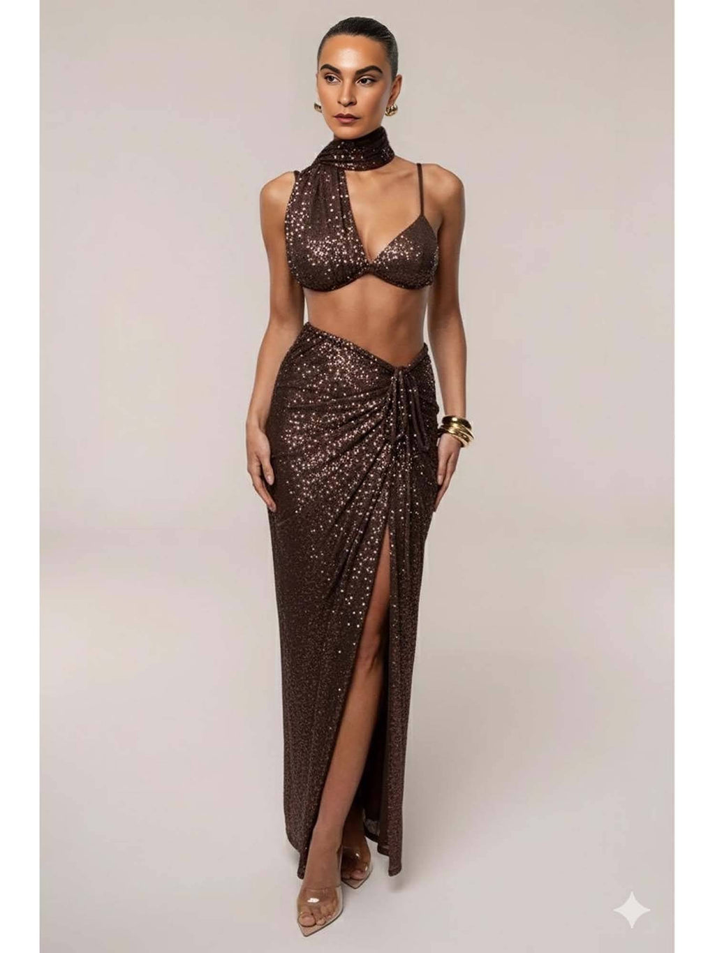 Choco Sequin Brown Drape Crop Top | CT61 - view 5