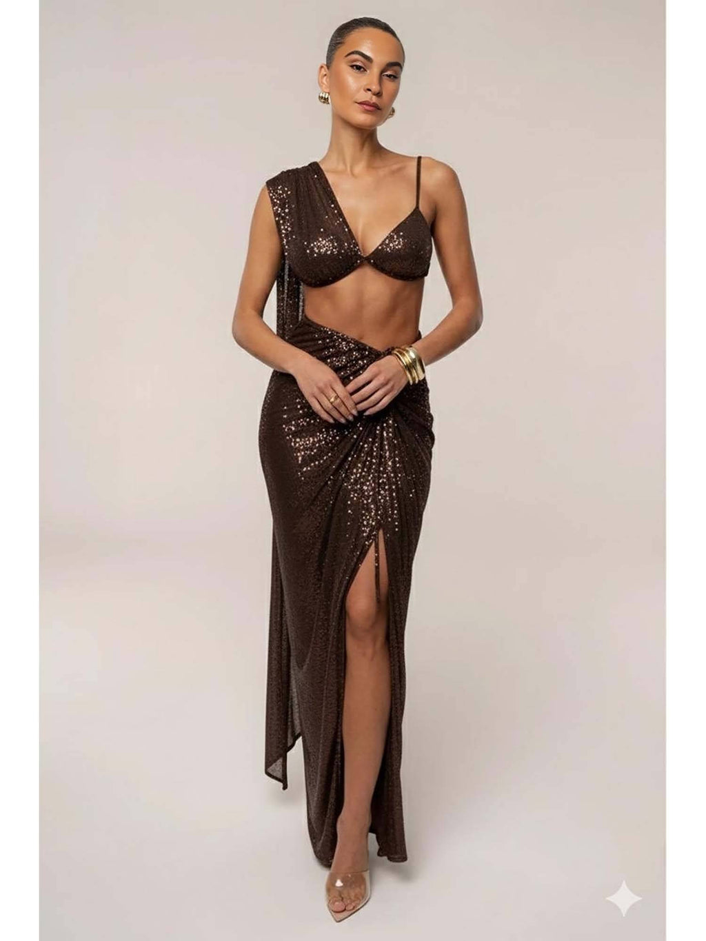 Choco Sequin Brown Drape Crop Top | CT61 - view 6