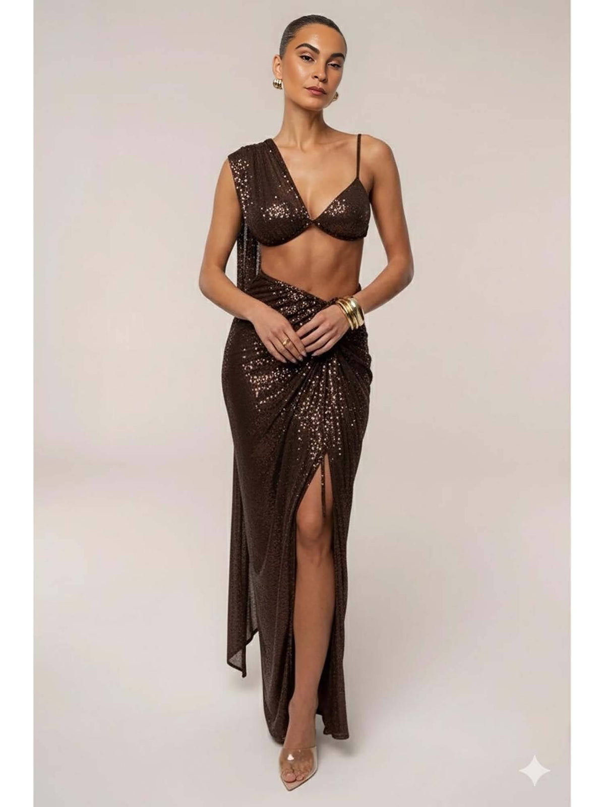 Choco Sequin Brown Drape Crop Top | CT61 - view 6
