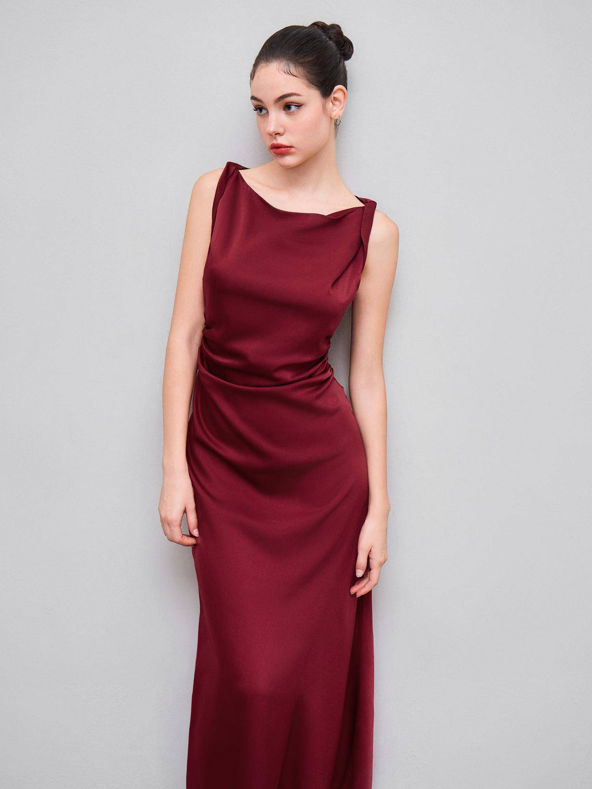 Satin Boat Neck Ruched Maxi Dress | D56 - view 1