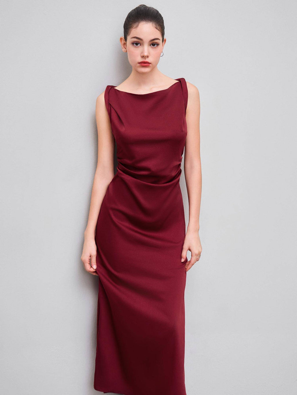 Satin Boat Neck Ruched Maxi Dress | D56 - view 2