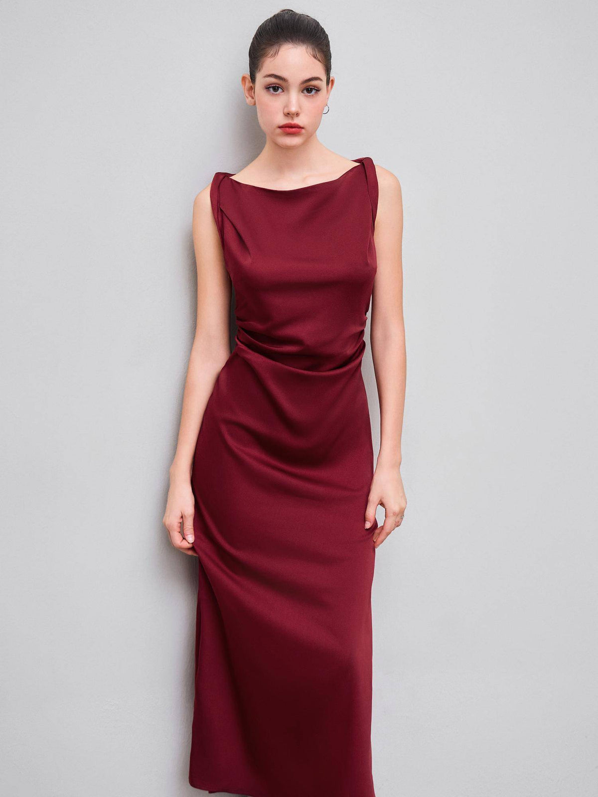 Satin Boat Neck Ruched Maxi Dress | D56 - view 2
