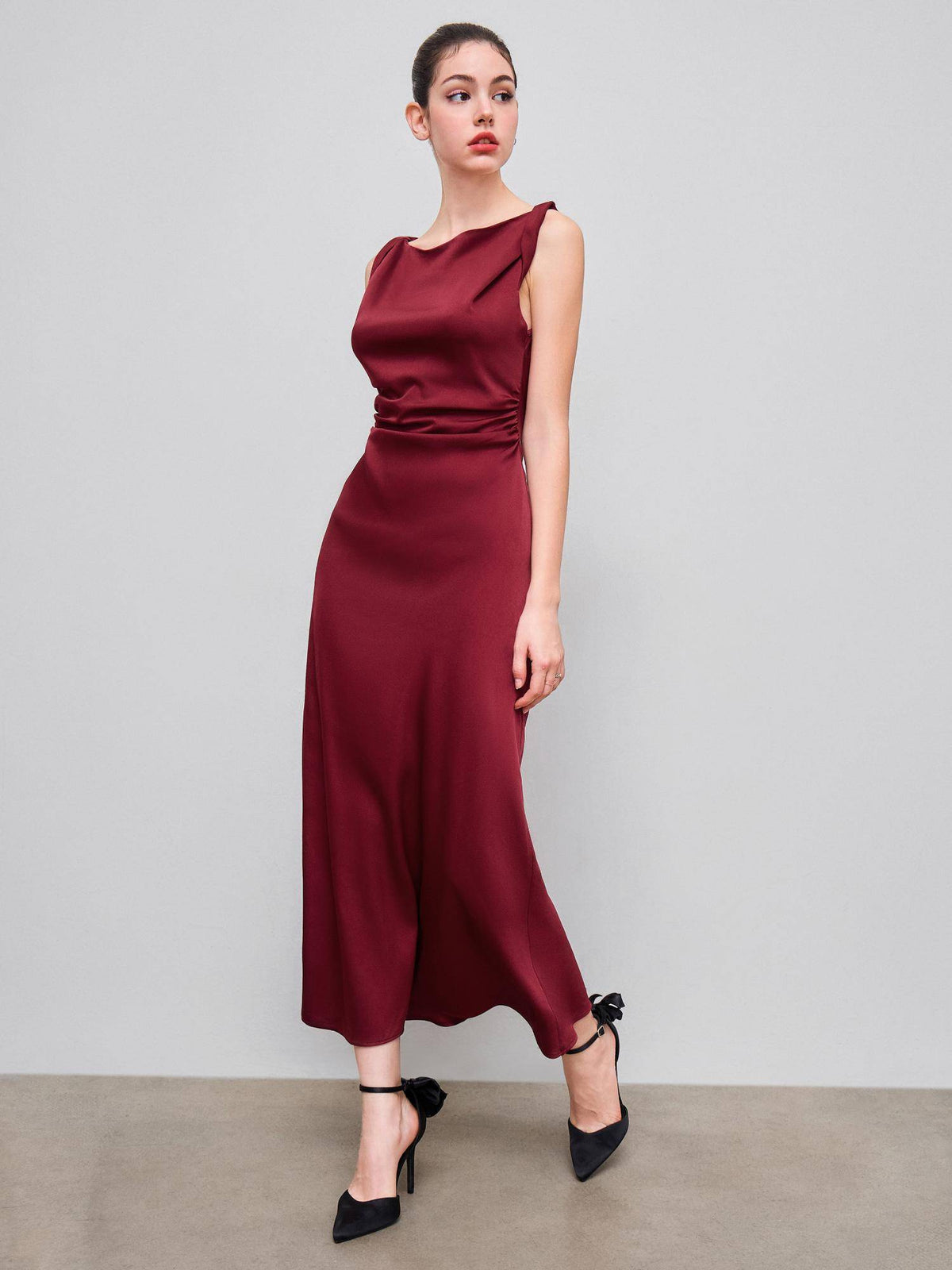 Satin Boat Neck Ruched Maxi Dress | D56 - view 4