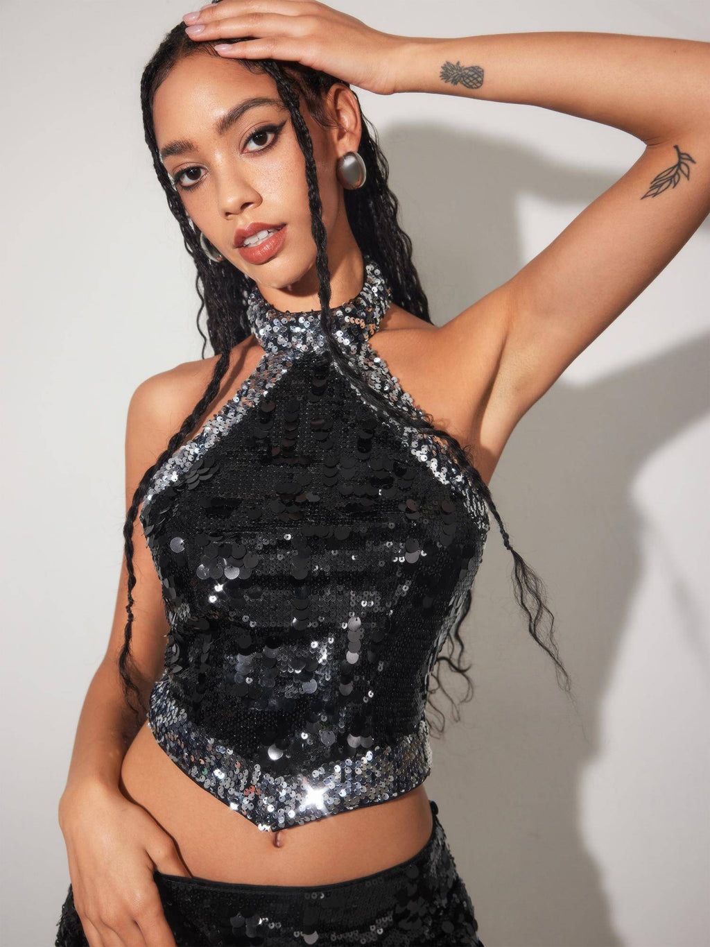 Sequin Halter Neckline Contrasting Binding Crop Tank Top | TT98 - view 1