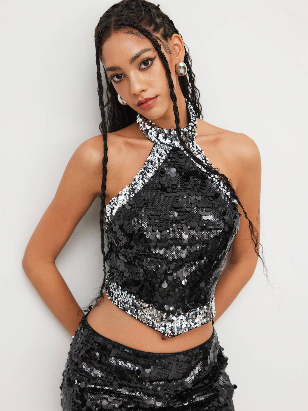 Sequin Halter Neckline Contrasting Binding Crop Tank Top | TT98 - view 4