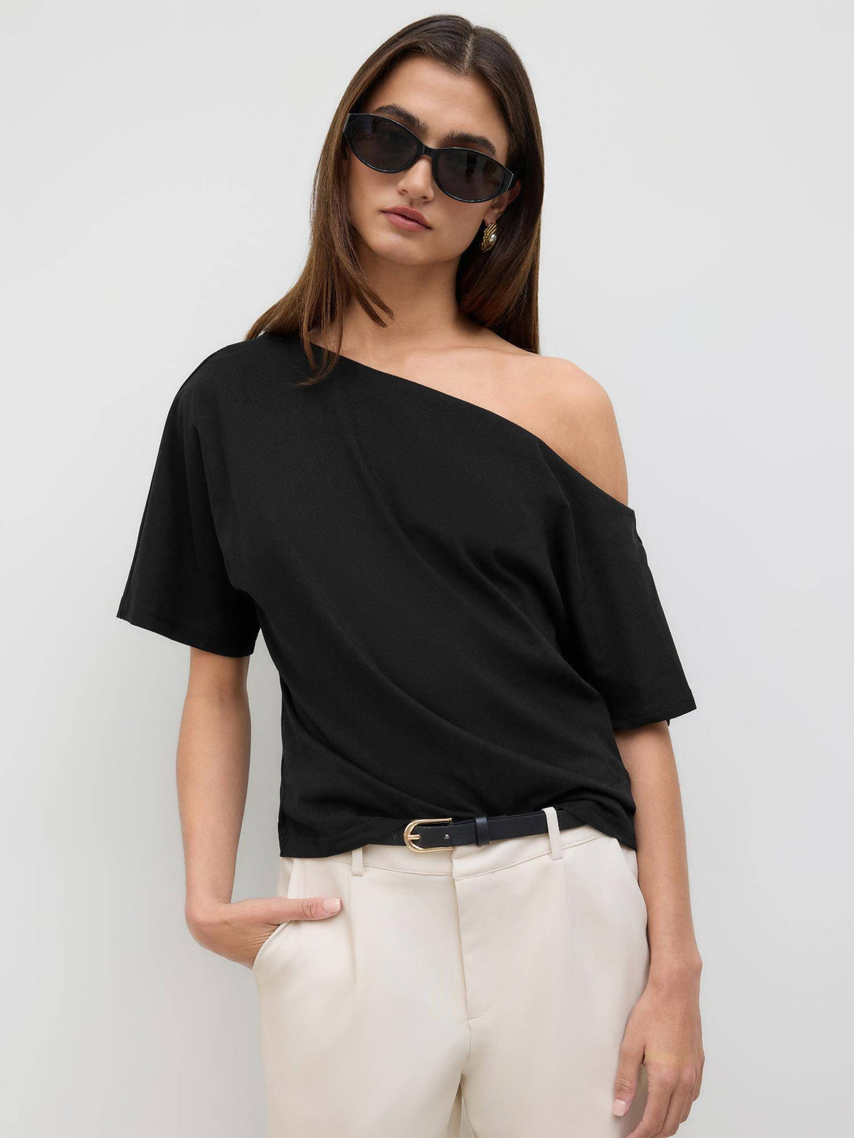 Cotton-blend Asymmetrical Neck Ruched Tee | TS56 - view 1