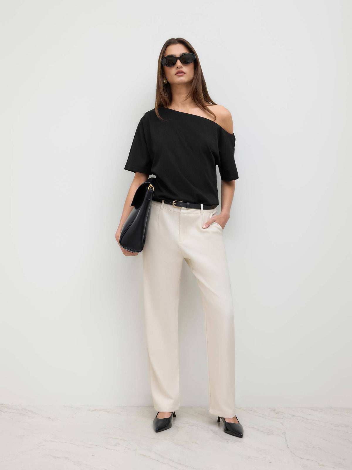 Cotton-blend Asymmetrical Neck Ruched Tee | TS56 - view 2
