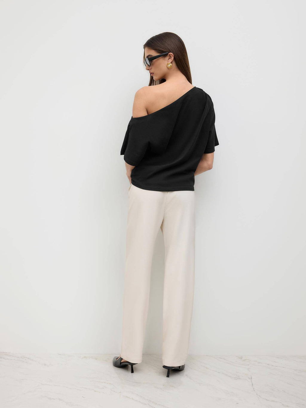 Cotton-blend Asymmetrical Neck Ruched Tee | TS56 - view 4
