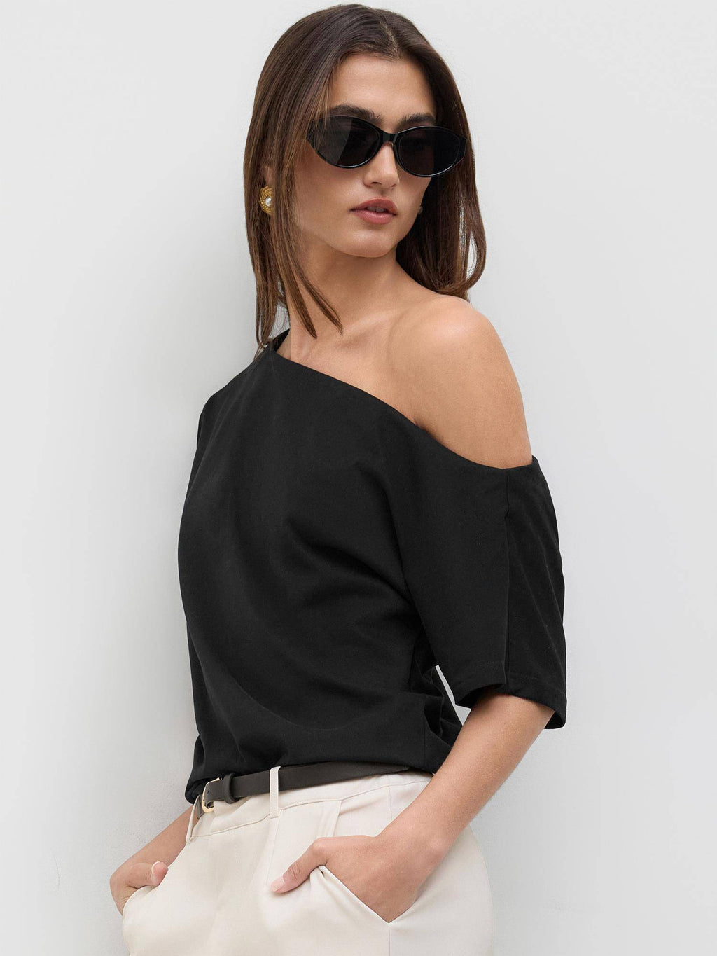 Cotton-blend Asymmetrical Neck Ruched Tee | TS56 - view 5