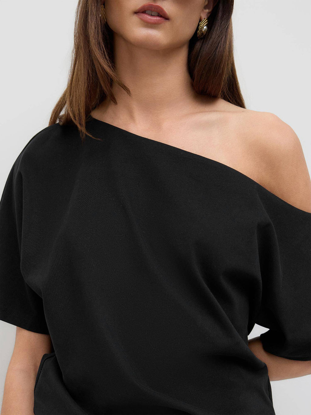 Cotton-blend Asymmetrical Neck Ruched Tee | TS56 - view 6