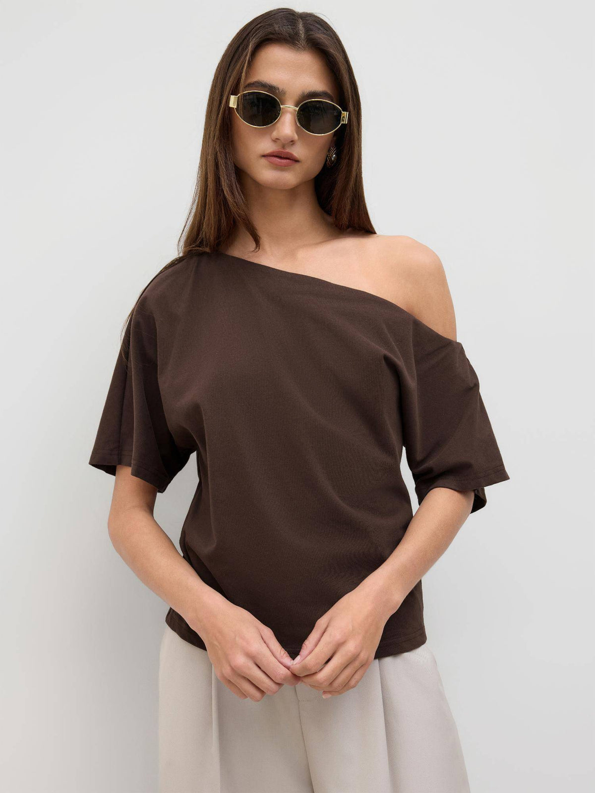 Cotton-blend Asymmetrical Neck Ruched Tee | TS56 - view 11