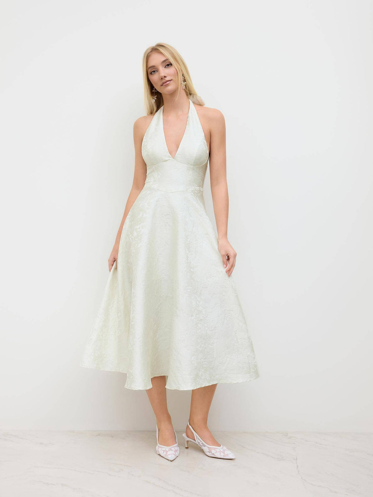 Jacquard Halter Neckline Floral Lace Up Midi Dress | D56 - view 55