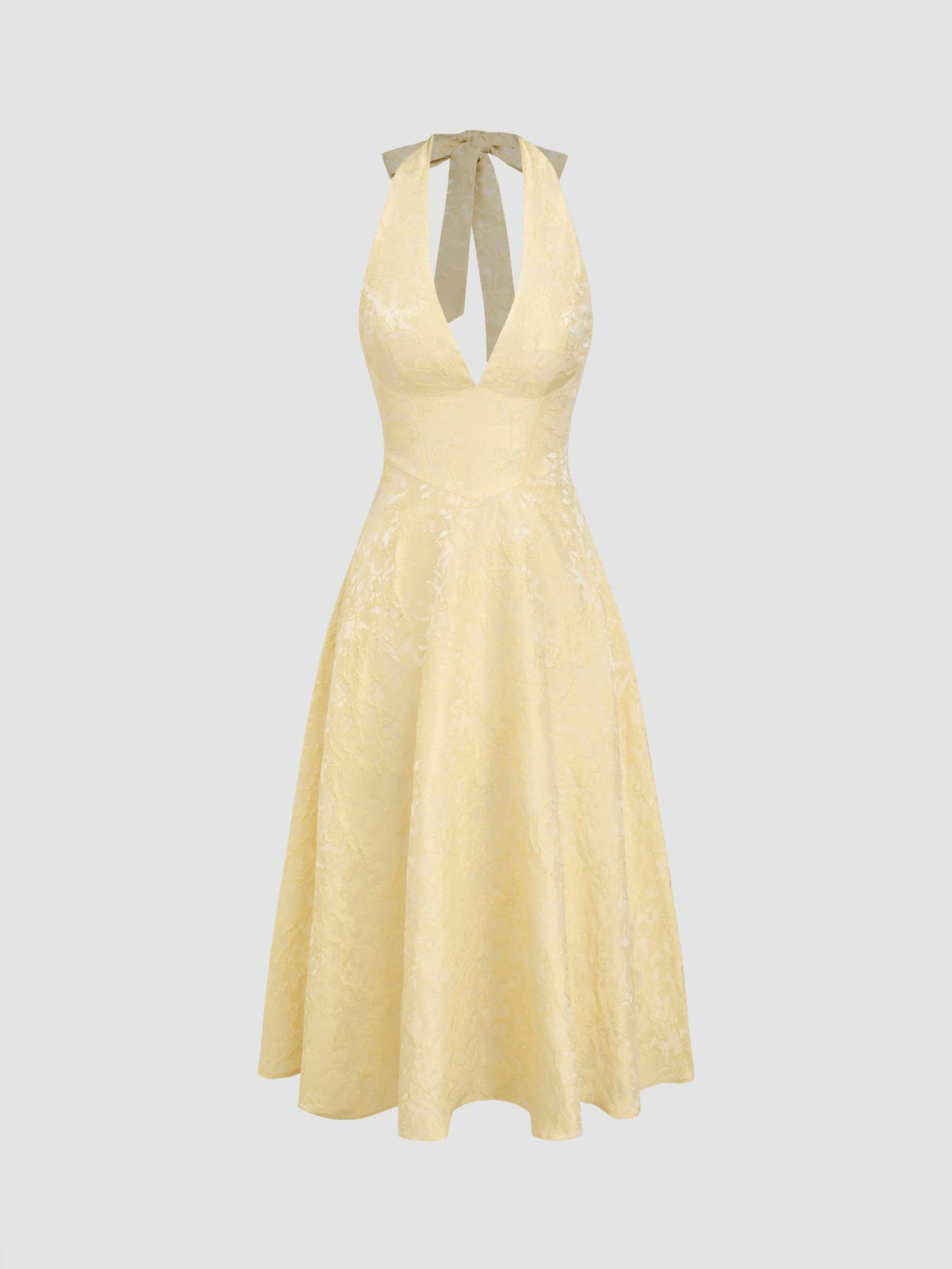 Jacquard Halter Neckline Floral Lace Up Midi Dress | D56 - view 2