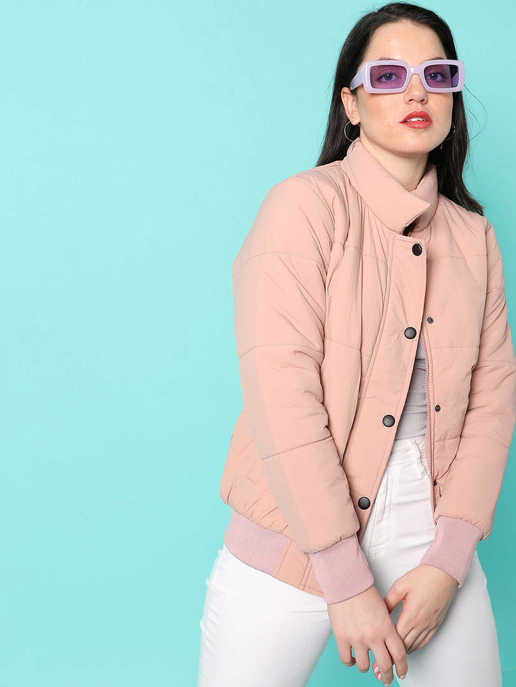Womens Pink Solid Bomber Jacket | JC78 - view 1