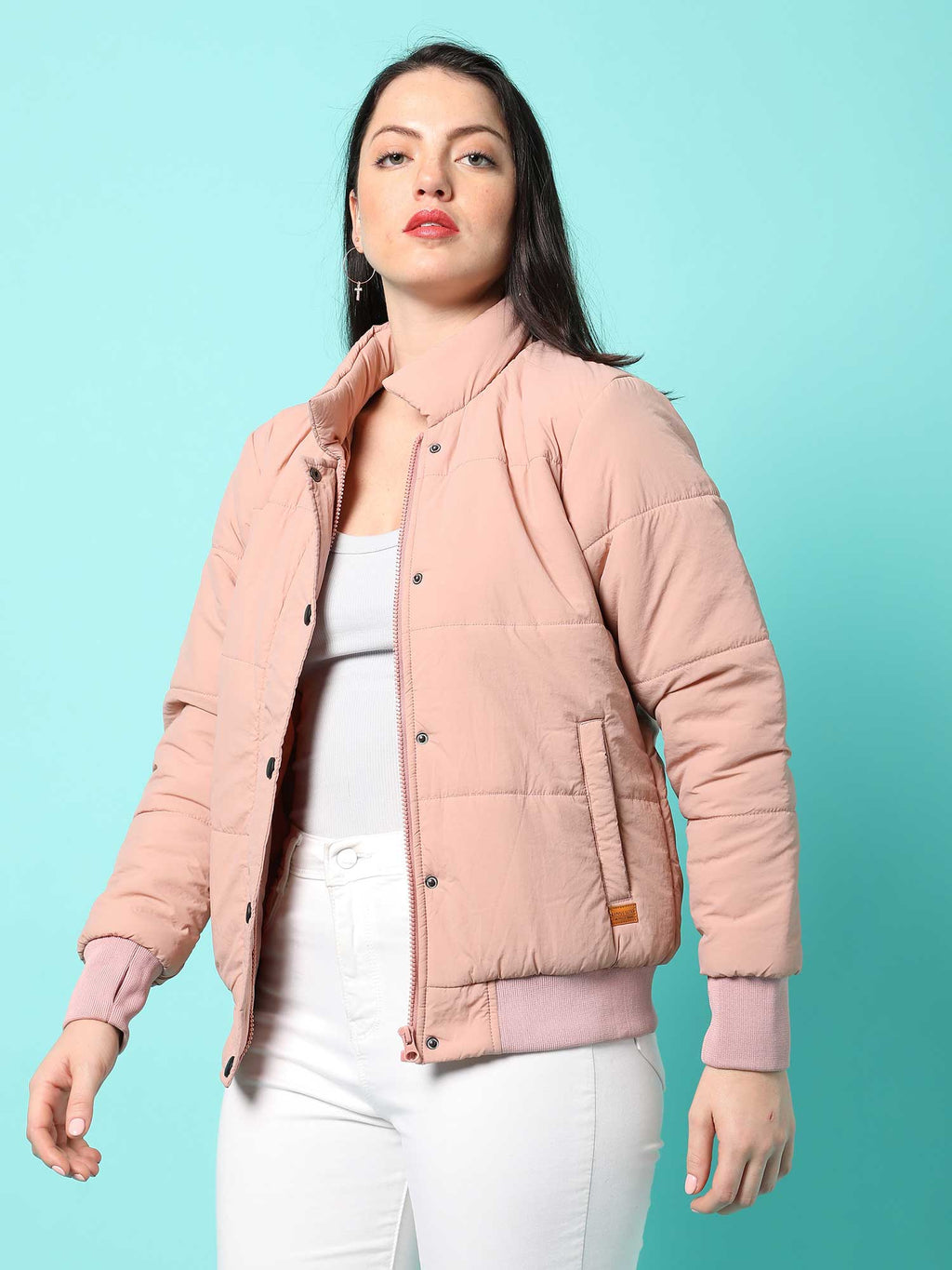 Womens Pink Solid Bomber Jacket | JC78 - view 2