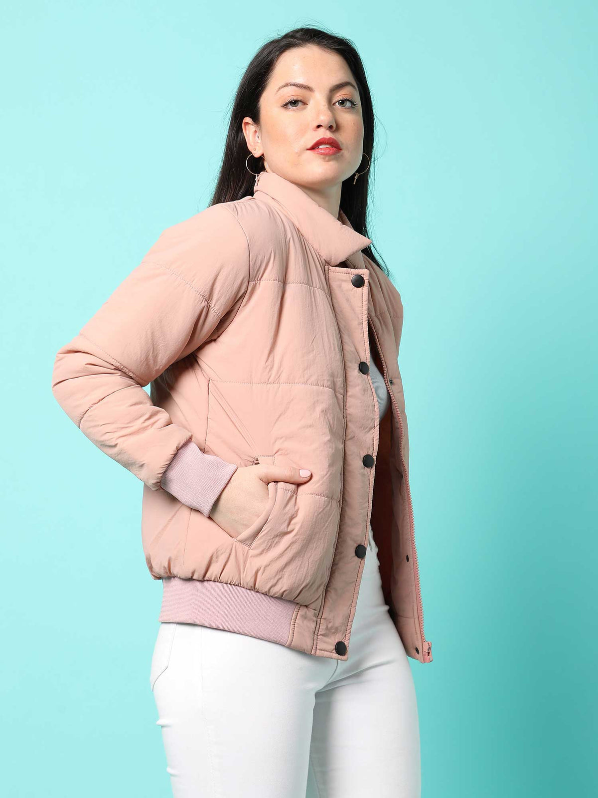 Womens Pink Solid Bomber Jacket | JC78 - view 3