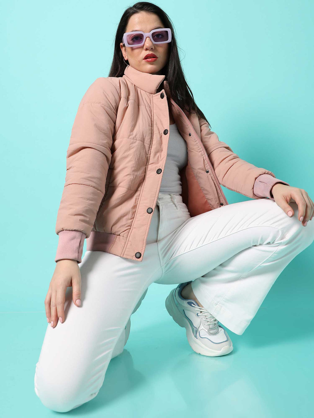 Womens Pink Solid Bomber Jacket | JC78 - view 6