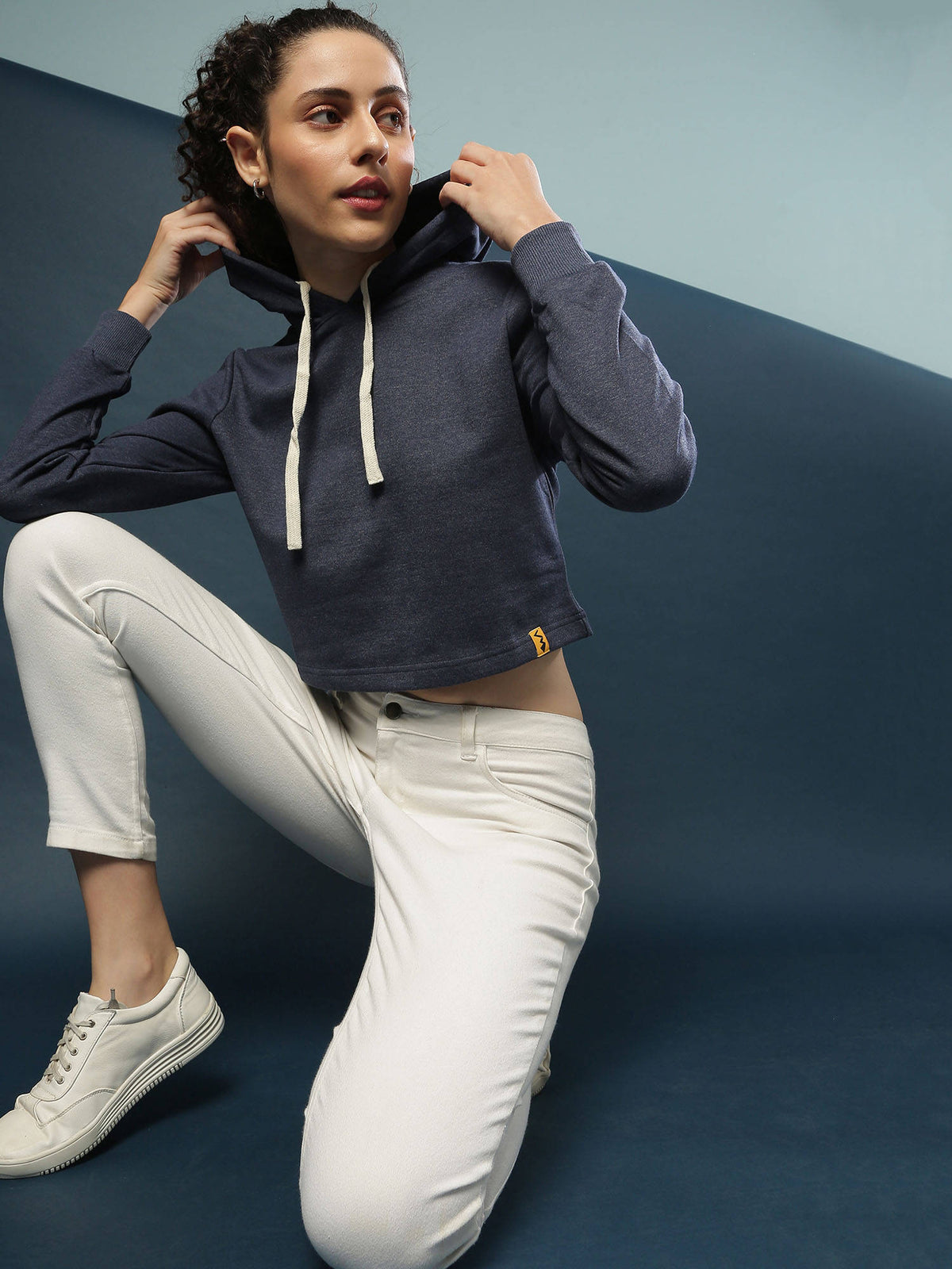 Blue Women Crop Stylish Hooded Sweatshirt | SS90 - view 1