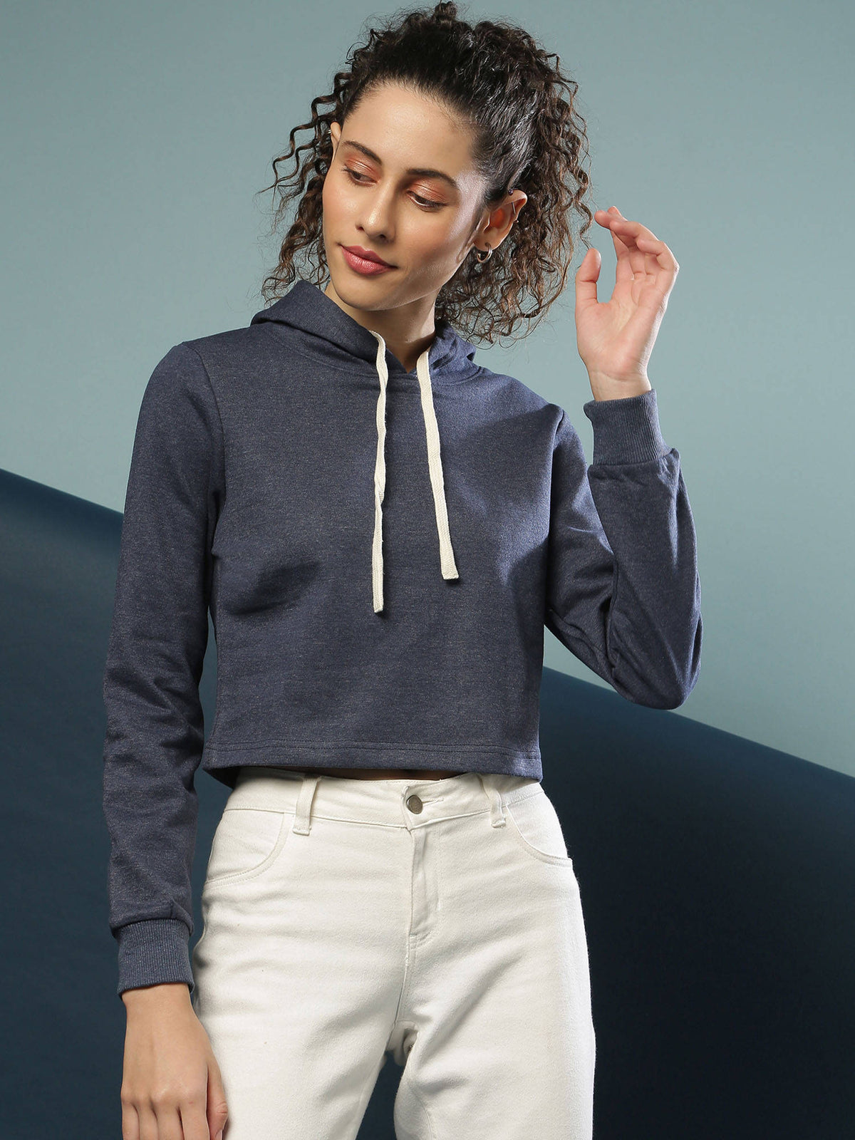 Blue Women Crop Stylish Hooded Sweatshirt | SS90 - view 2
