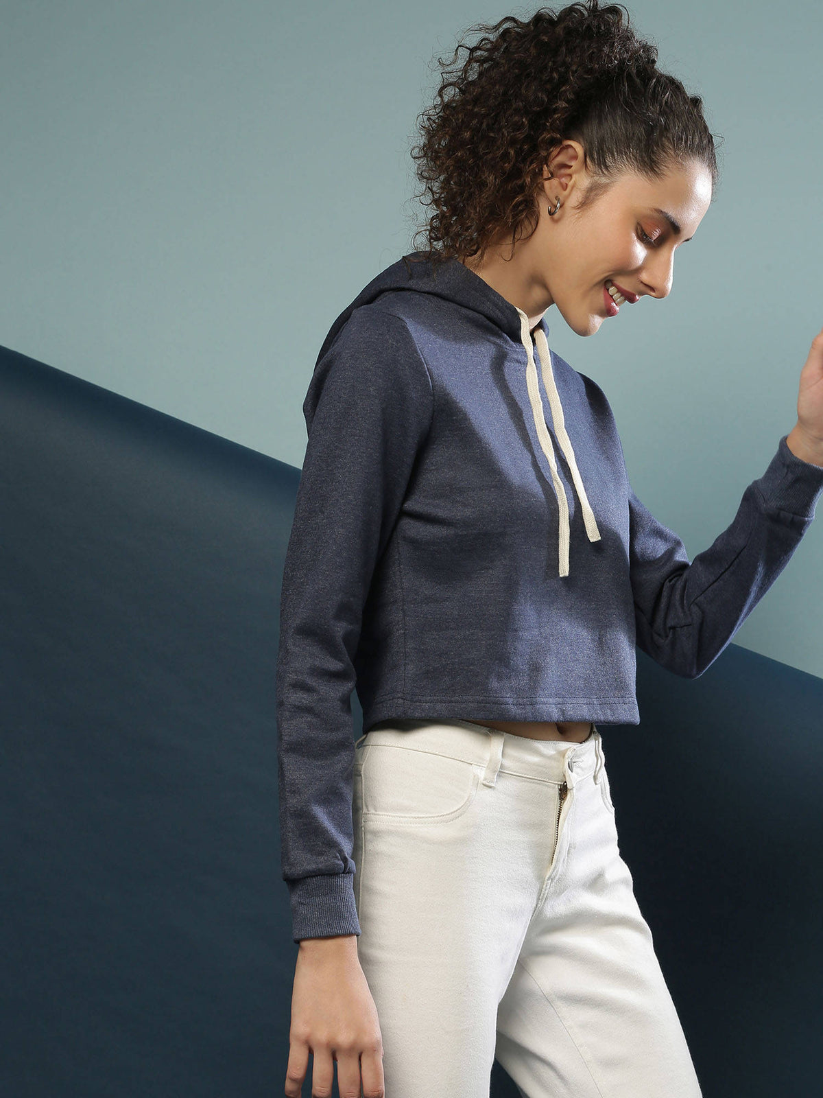 Blue Women Crop Stylish Hooded Sweatshirt | SS90 - view 4