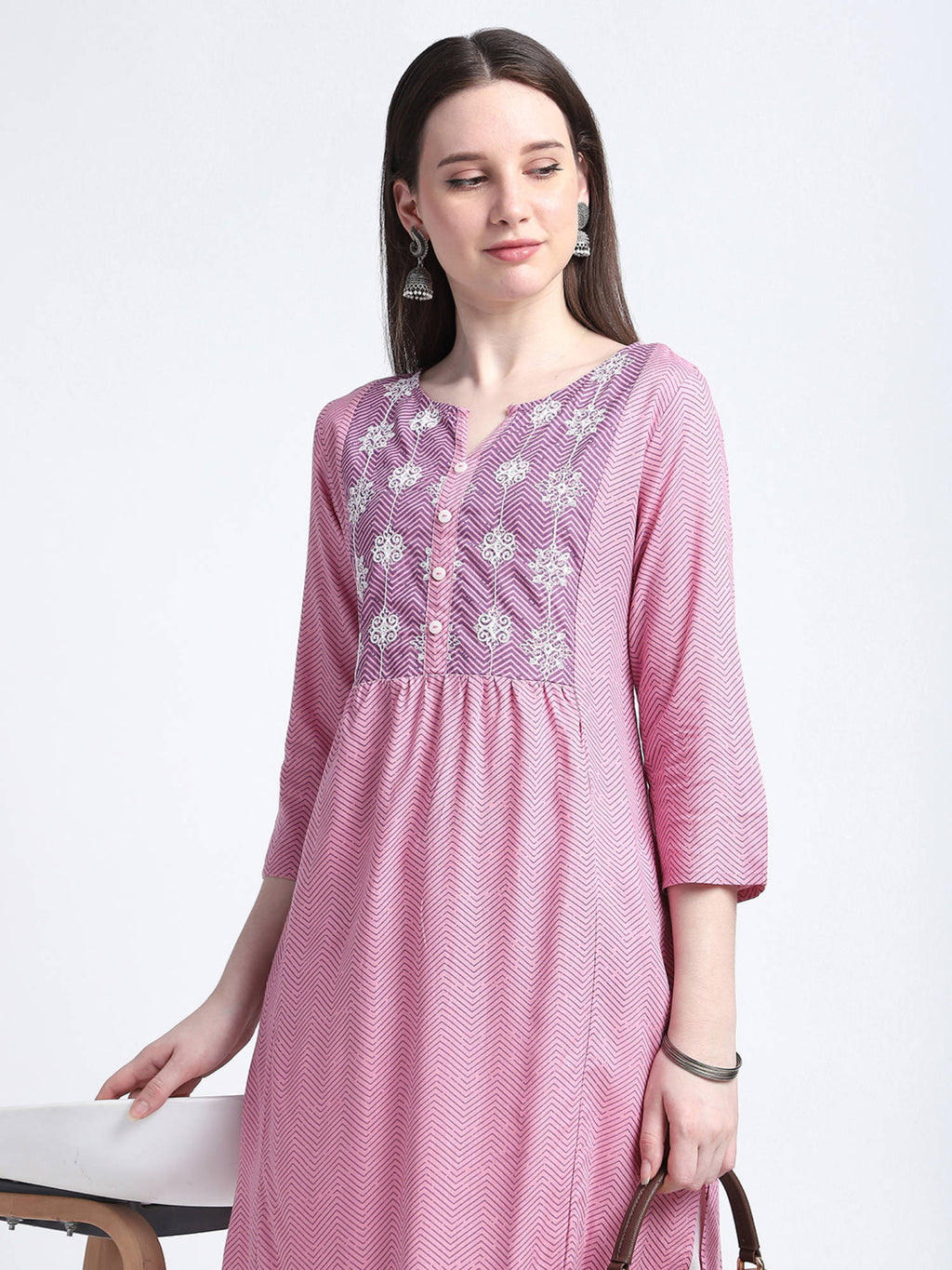 Pink Chevron Print Regular Kurta | FY93 - view 5