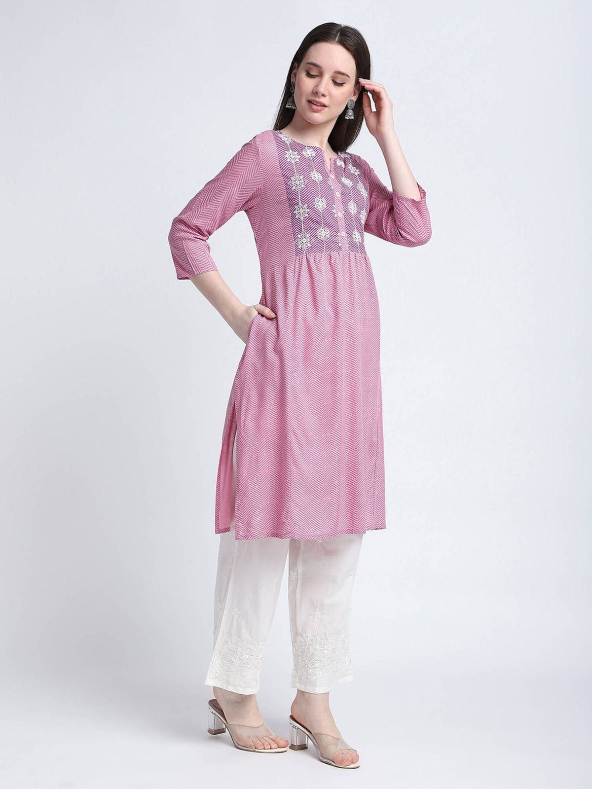 Pink Chevron Print Regular Kurta | FY93 - view 7