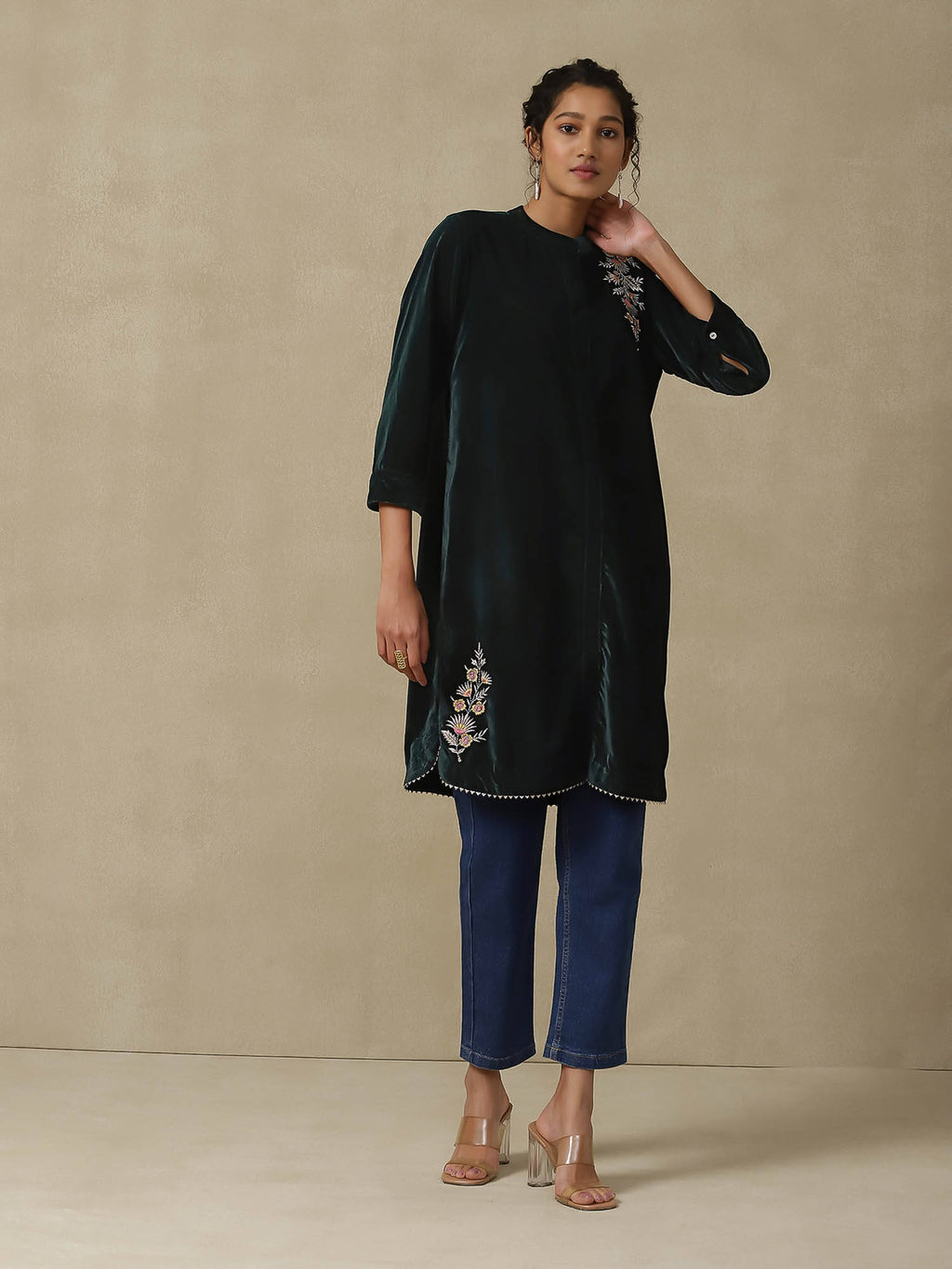 Dark Green Embroidered Kurta | KDG - view 1