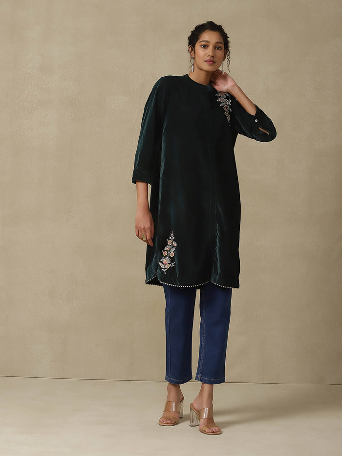 Dark Green Embroidered Kurta | FY93 - view 1