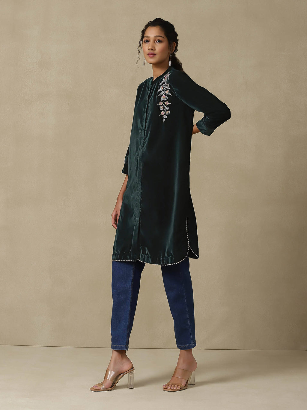 Dark Green Embroidered Kurta | KDG - view 2