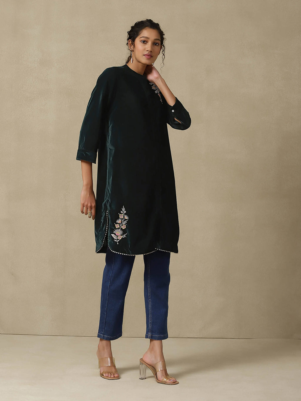 Dark Green Embroidered Kurta | KDG - view 3