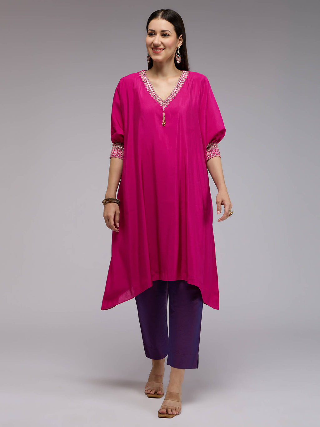 Pink Poly Silk Embroidered Kaftan Kurta With Bead Tassels La Dolce Vita | U3S - view 1