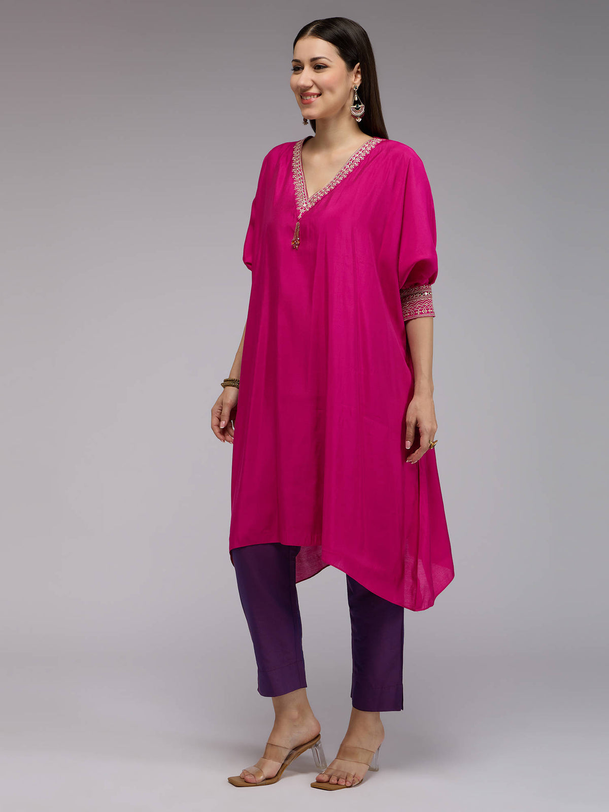 Pink Poly Silk Embroidered Kaftan Kurta With Bead Tassels La Dolce Vita | U3S - view 2