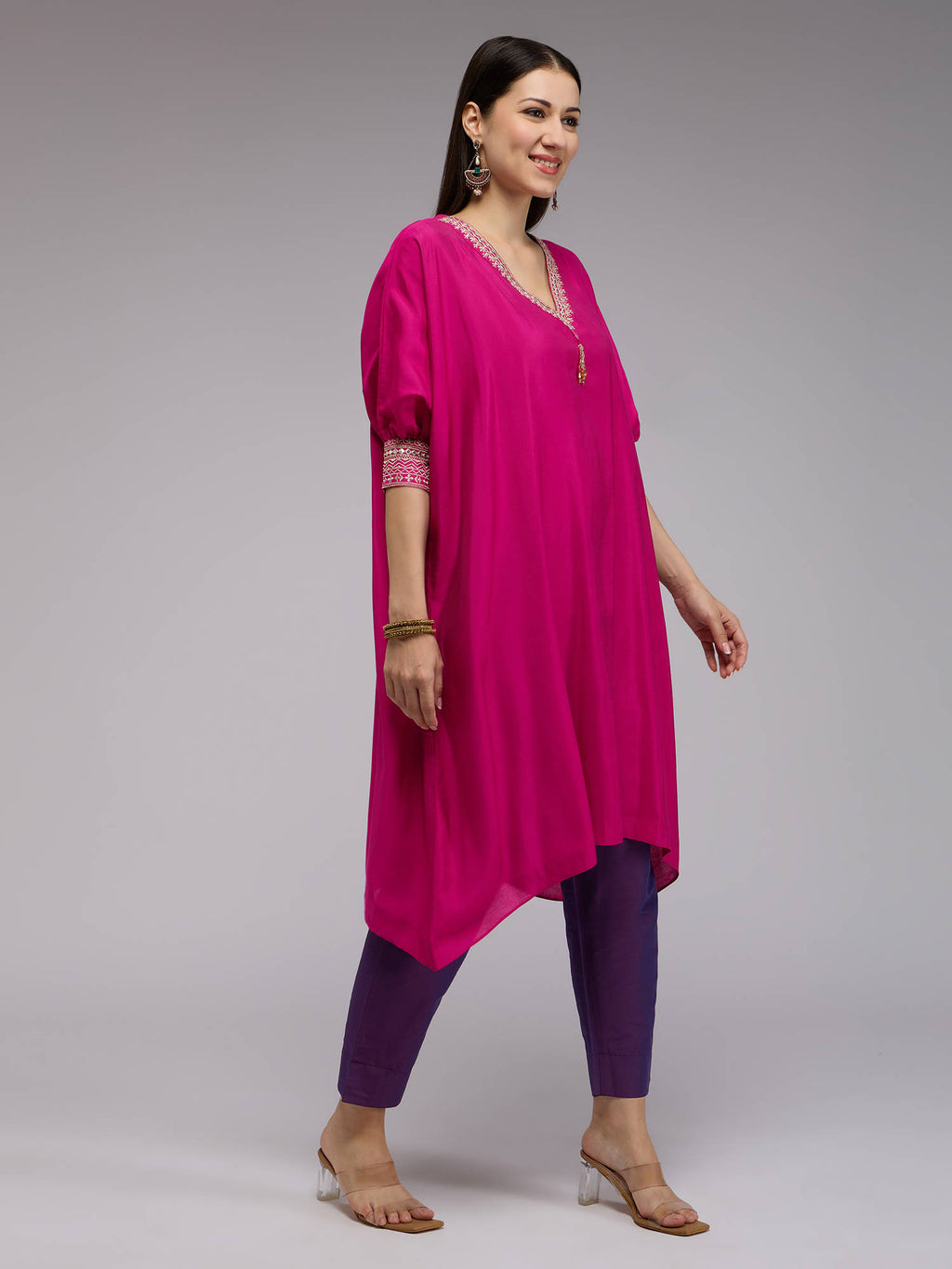 Pink Poly Silk Embroidered Kaftan Kurta With Bead Tassels La Dolce Vita | U3S - view 3