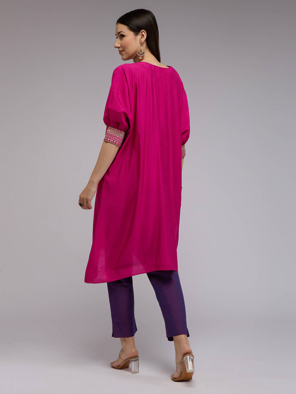 Pink Poly Silk Embroidered Kaftan Kurta With Bead Tassels La Dolce Vita | U3S - view 4