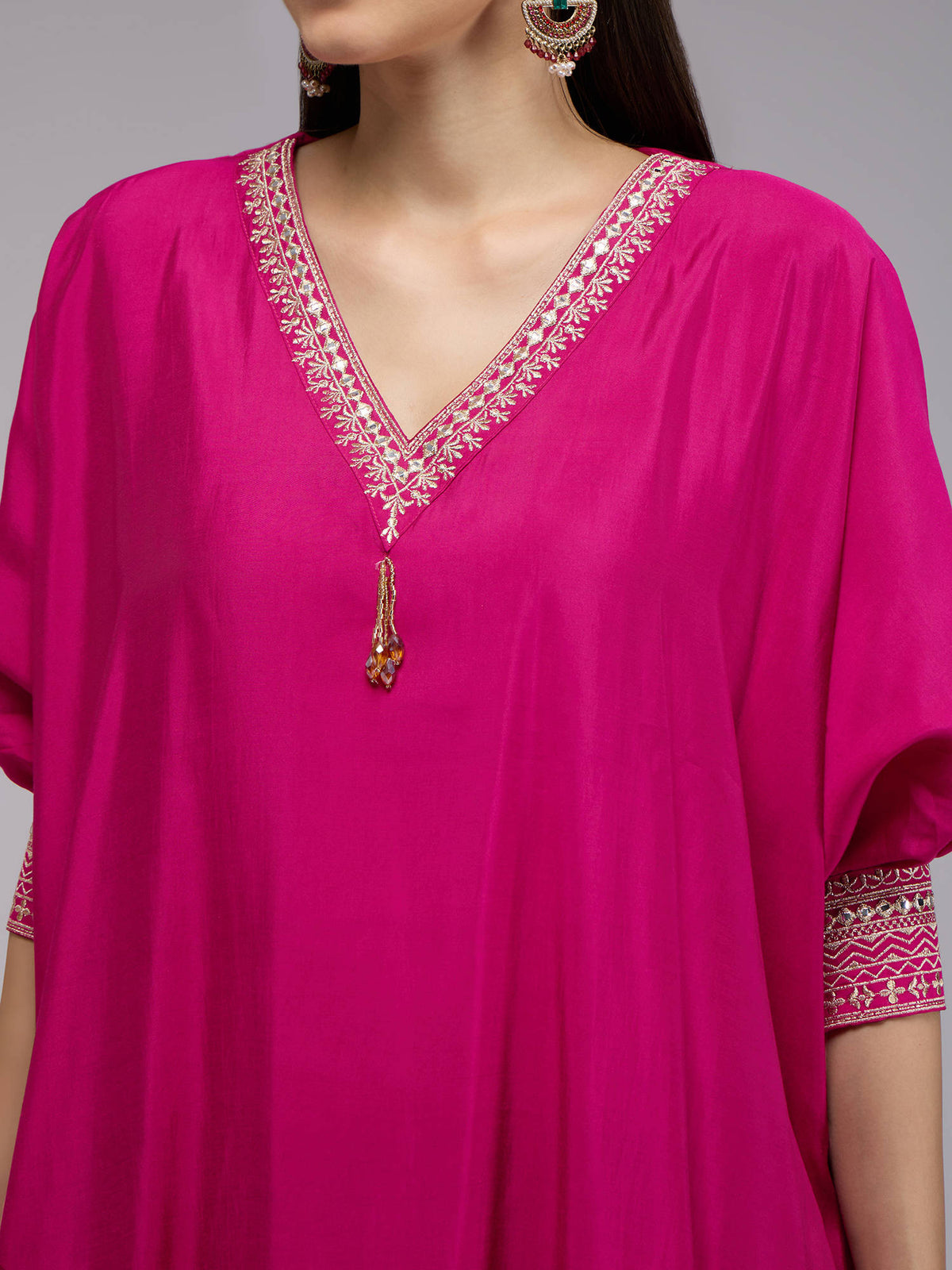 Pink Poly Silk Embroidered Kaftan Kurta With Bead Tassels La Dolce Vita | U3S - view 5