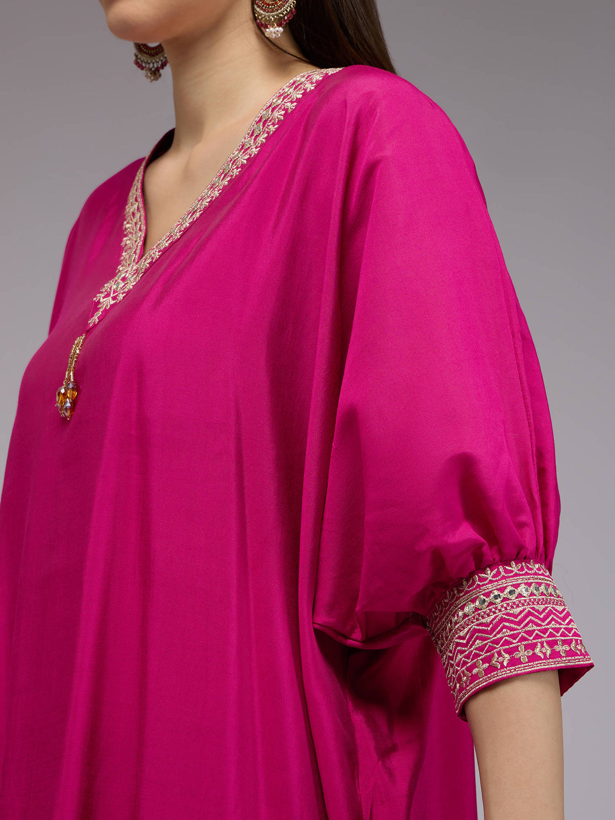 Pink Poly Silk Embroidered Kaftan Kurta With Bead Tassels La Dolce Vita | U3S - view 6
