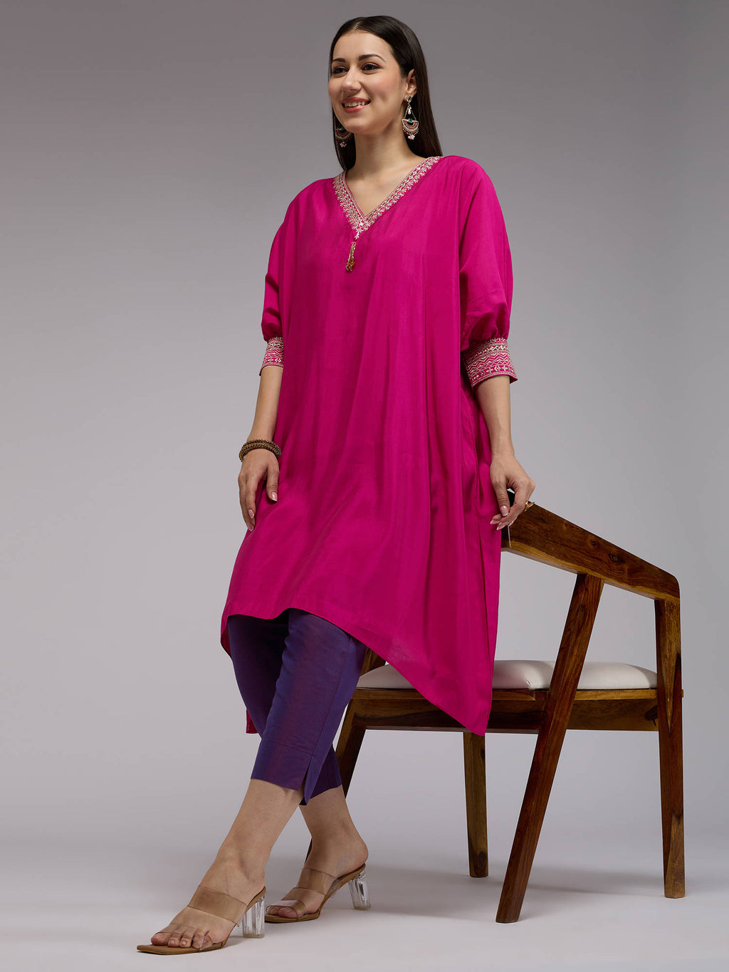 Pink Poly Silk Embroidered Kaftan Kurta With Bead Tassels La Dolce Vita | U3S - view 7