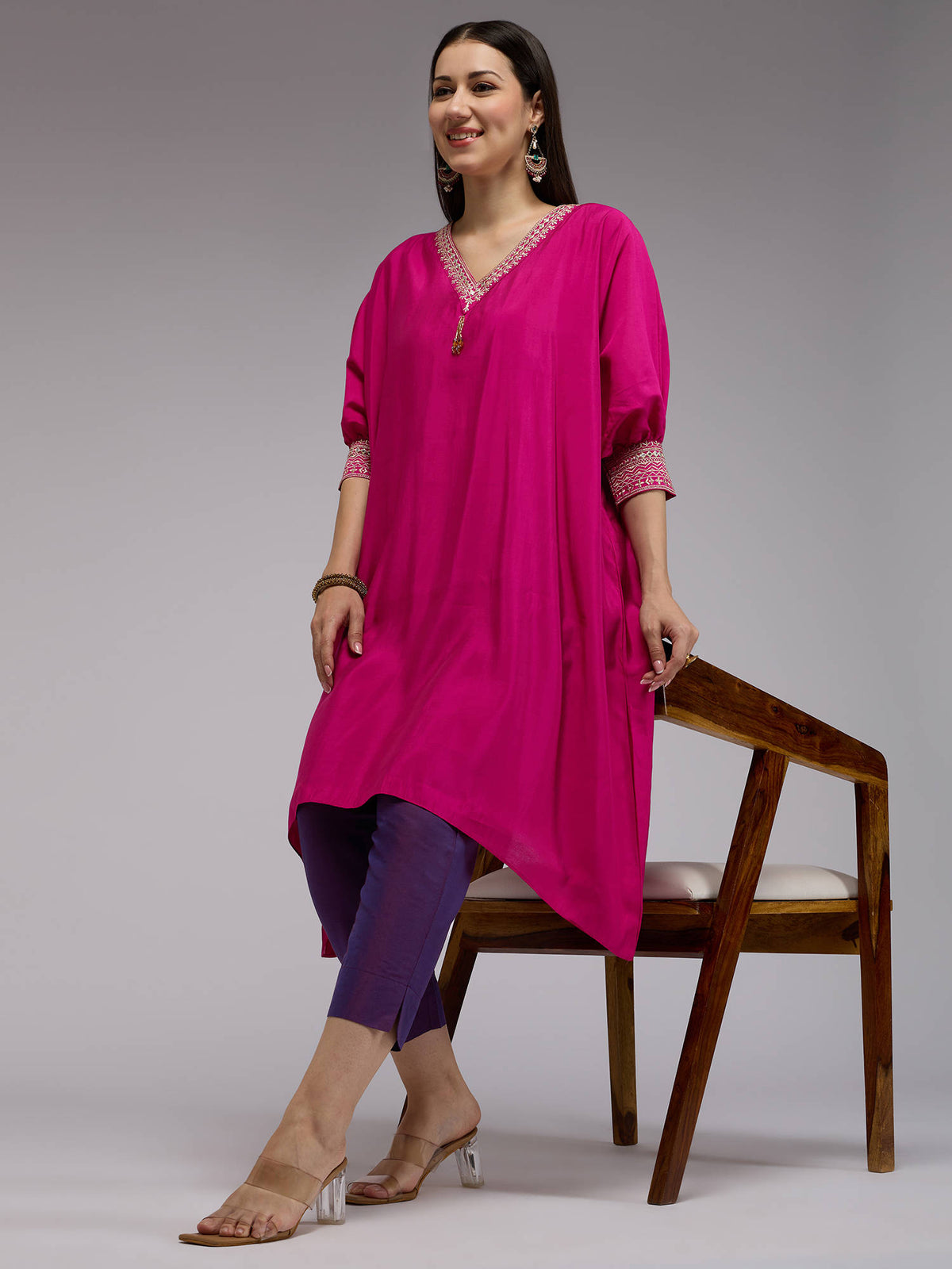Pink Poly Silk Embroidered Kaftan Kurta With Bead Tassels La Dolce Vita | U3S - view 7