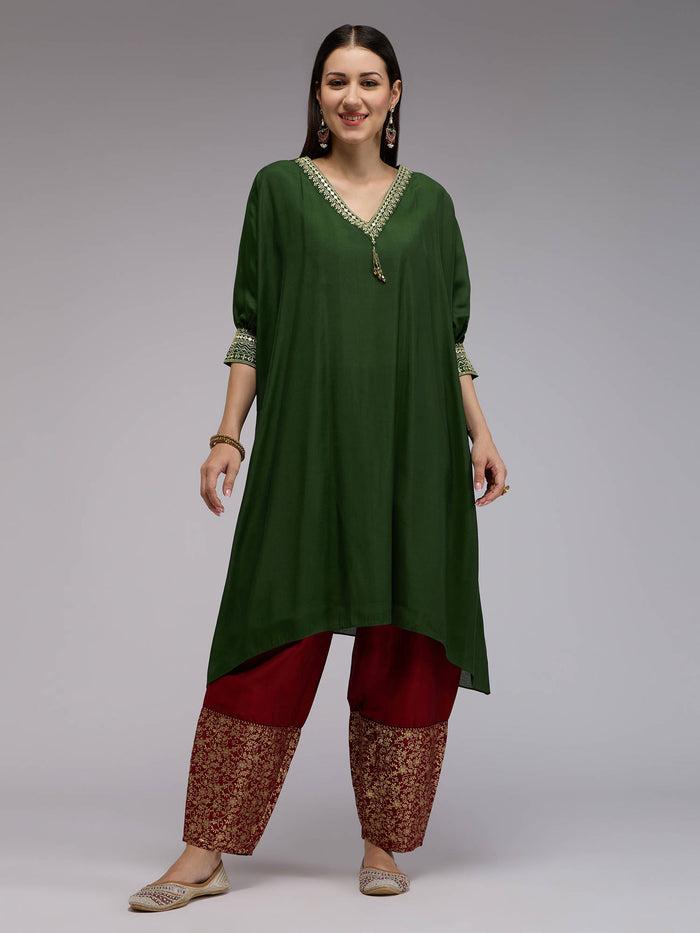 Olive Poly Silk Embroidered Kaftan Kurta With Bead Tassels Boho Naari | U3S - view 1