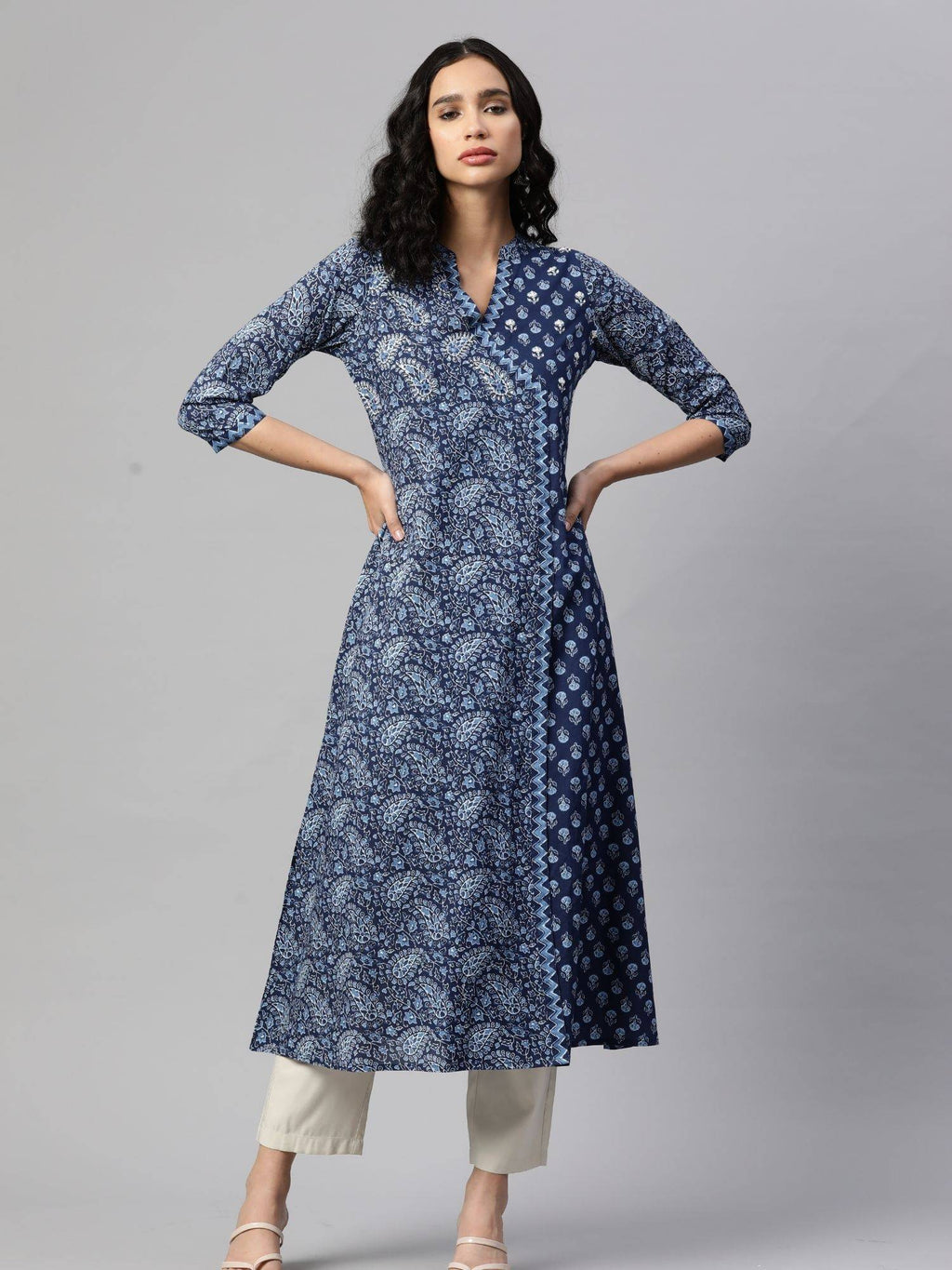 Womens Print & Hand Work A-Line Cotton Blue Stitched Kurta | FY93 - view 1