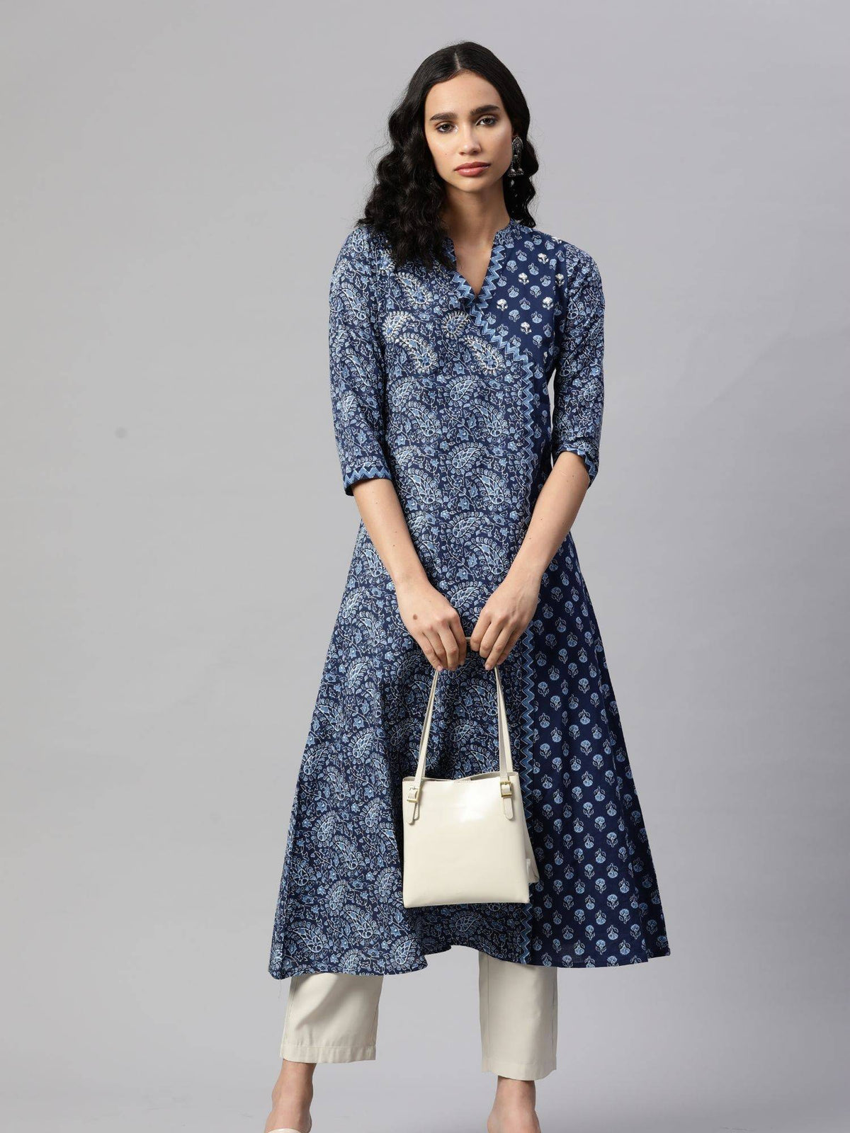 Womens Print & Hand Work A-Line Cotton Blue Stitched Kurta | FY93 - view 2