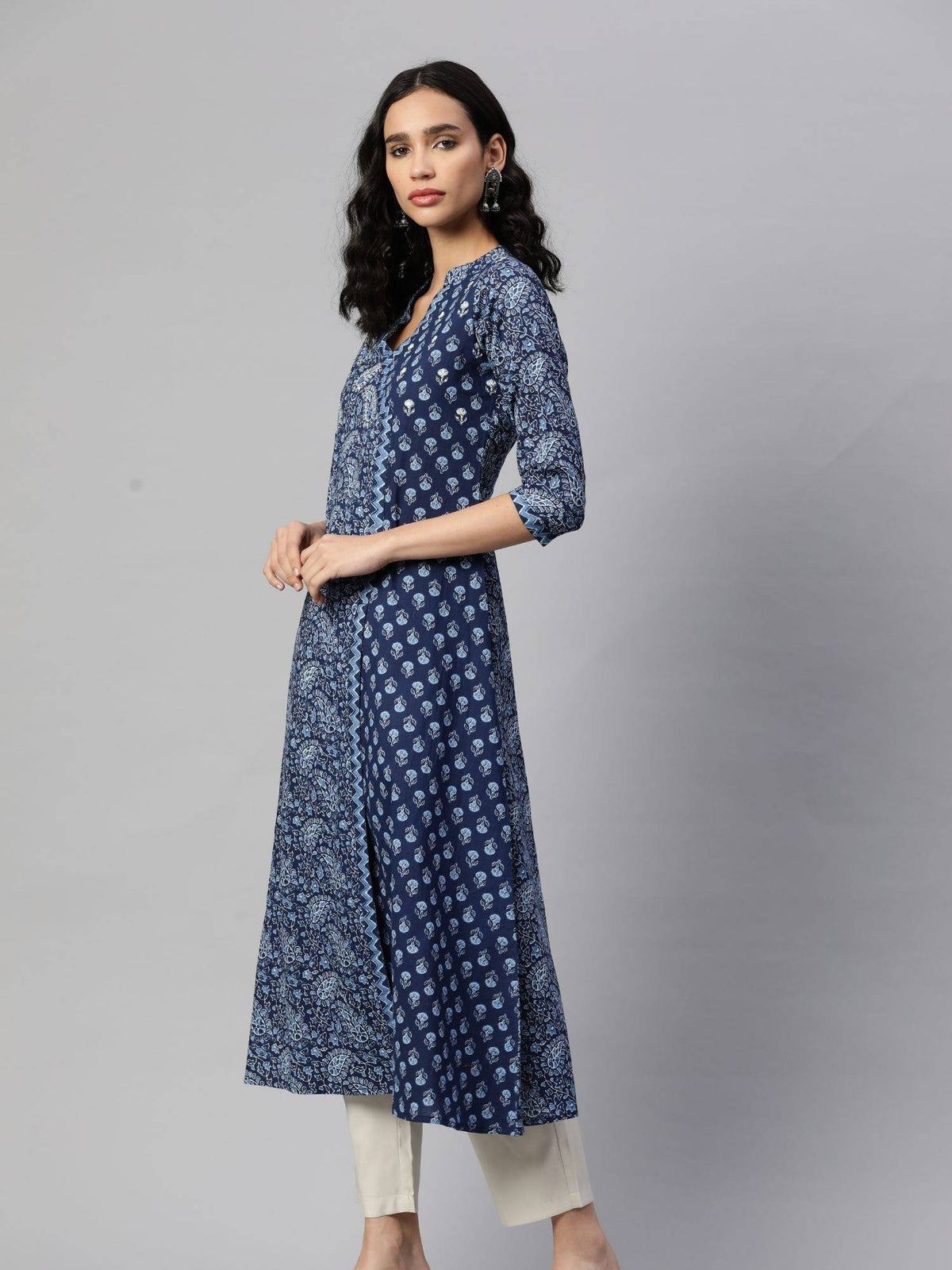 Womens Print & Hand Work A-Line Cotton Blue Stitched Kurta | FY93 - view 3