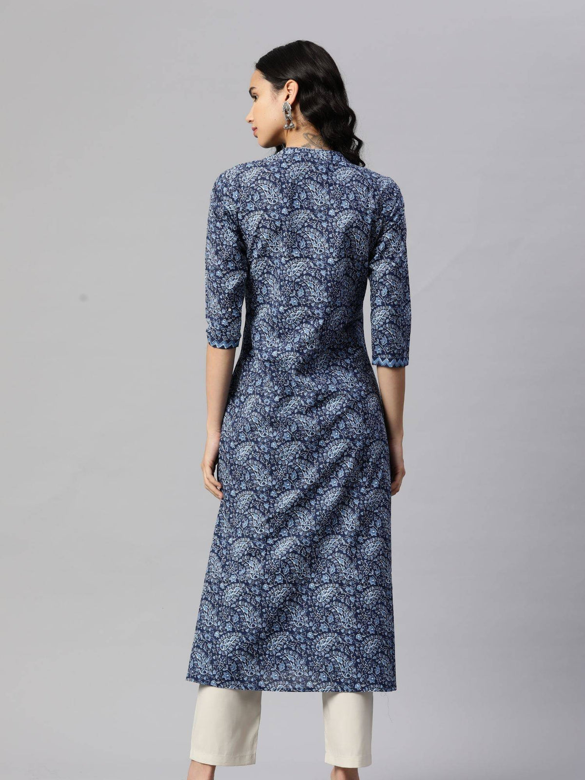 Womens Print & Hand Work A-Line Cotton Blue Stitched Kurta | FY93 - view 4
