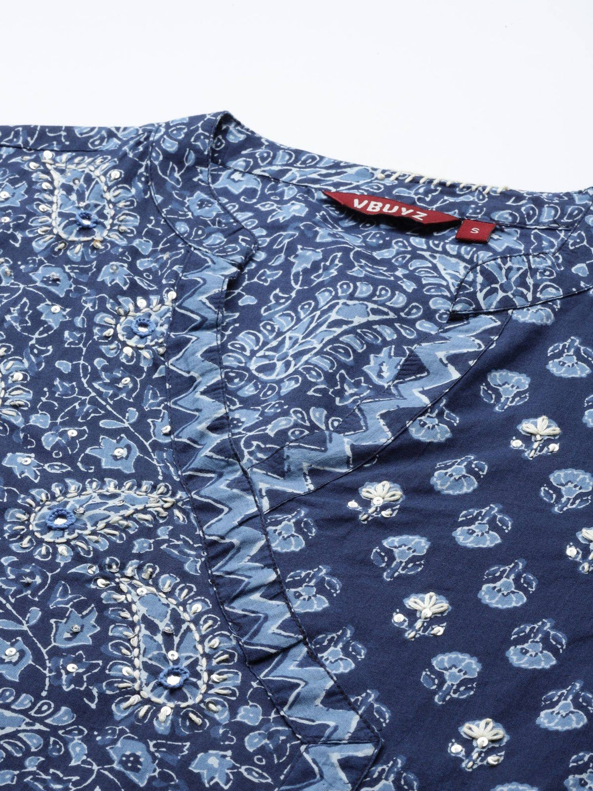 Womens Print & Hand Work A-Line Cotton Blue Stitched Kurta | FY93 - view 5