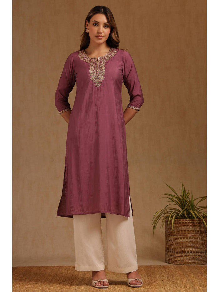 Womens Mauve Roman Silk Embroidered Sequins Kurta | FY93 - view 1