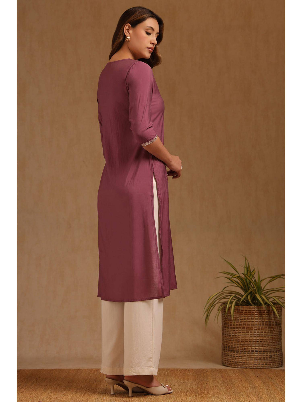 Womens Mauve Roman Silk Embroidered Sequins Kurta | KDG - view 4